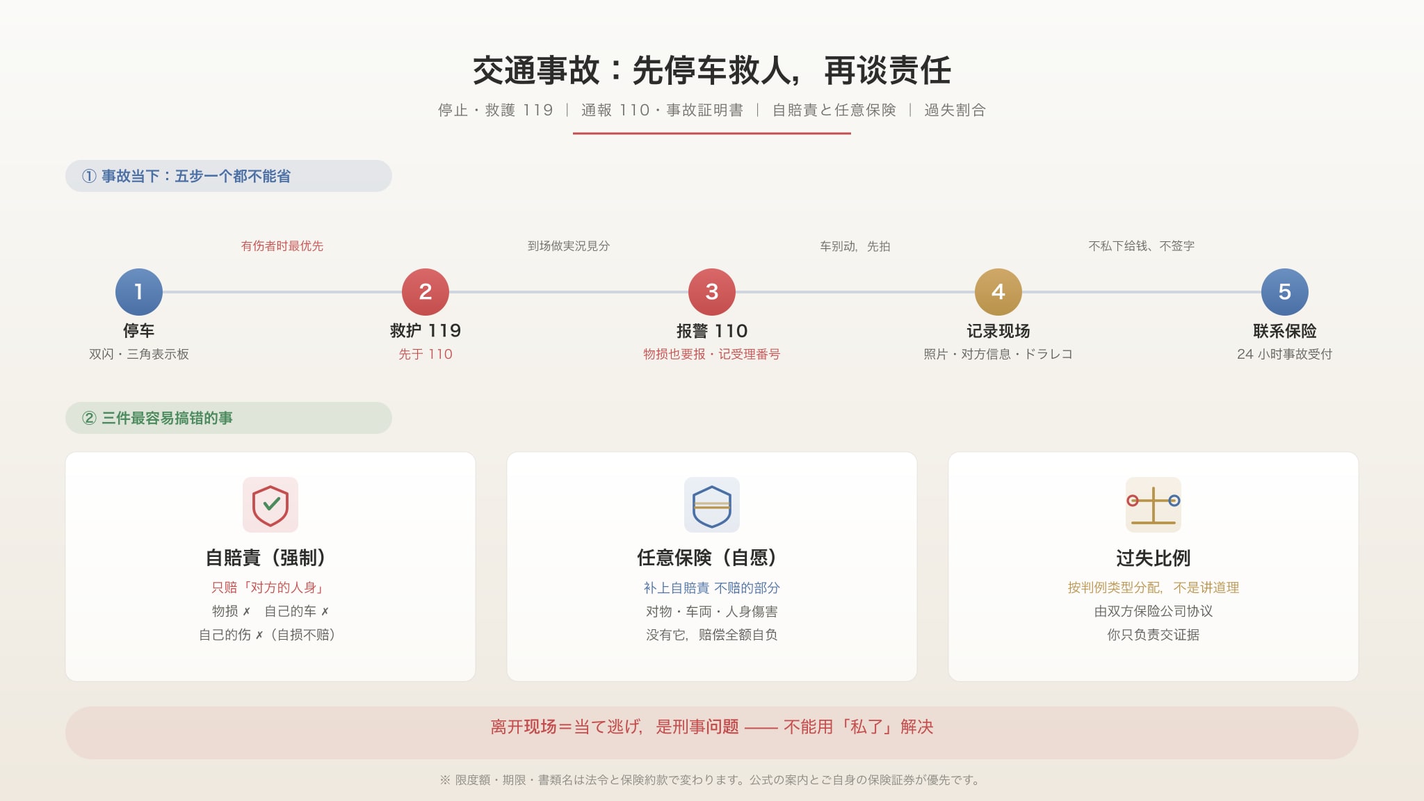 交通事故头图：上方是事故当下的五步（停车・救护119・报警110・记录现场・联系保险），下方三张卡分别说明自賠責只赔对方人身、任意保険补上物损与自车、过失比例按判例由保险公司协议；底部提示离开现场＝当て逃げ，是刑事问题